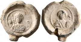 Anonymous, 11th century. Seal (Lead, 15 mm, 4.18 g, 12 h). M-[X] Nimbate facing bust of St. Michael, holding trefoil scepter in his right hand and glo...