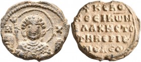 Konstantinos, metropolitan bishop of Tiberioupolis, 11th century. Seal (Lead, 20 mm, 5.87 g, 12 h). M-X Nimbate facing bust of St. Michael, holding tr...