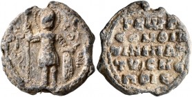 Georgios, circa 1050-1150. Seal (Lead, 21 mm, 8.09 g, 12 h). [O] / AΓ/I/O, - ΓЄ/ωP, Saint George, nimbate, standing facing, holding spear in his right...