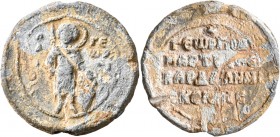 Georgios Bardales, 12th century. Seal (Lead, 32 mm, 19.81 g, 12 h). O / A/[Γ]I/O, - ΓЄ/ωP/ΓI/O, Saint George, nimbate, standing facing, holding a spea...