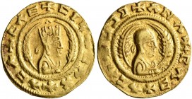 AXUM. Ebana, circa 450. 'Tremissis' (Gold, 16 mm, 1.50 g, 12 h). +CIИ+CAX+ACA+CAC Draped bust of Ebana to right, wearing tiara and holding two ears of...