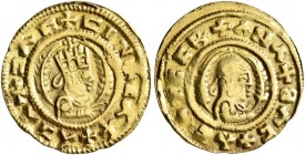 AXUM. Ebana, circa 450. 'Tremissis' (Gold, 16 mm, 1.58 g, 1 h). +CIN+CAX+ACA+C AΓ D raped bust of Ebana to right, wearing tiara and holding two ears o...