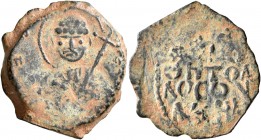 CRUSADERS. Antioch. Tancred, regent, 1101-1112. Follis (Bronze, 21 mm, 4.42 g, 6 h). Ο / ΠΕ-Τ/P/O/C Nimbate bust of St. Peter facing, raising his righ...