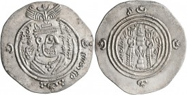 ISLAMIC, Umayyad Caliphate. 'Abd Allah ibn al-Zubayr, rival caliph, AH 60-73 / AD 680-692. Drachm (Silver, 32 mm, 4.15 g, 4 h), Arab-Sasanian type, DA...