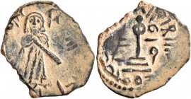ISLAMIC, Umayyad Caliphate. temp. 'Abd al-Malik ibn Marwan, AH 65-86 / AD 685-705. Fals (Bronze, 20 mm, 1.87 g, 5 h), 'Standing Caliph' type, Halab, A...