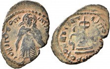 ISLAMIC, Umayyad Caliphate. temp. 'Abd al-Malik ibn Marwan, AH 65-86 / AD 685-705. Fals (Bronze, 23 mm, 2.84 g, 5 h), 'Standing Caliph' type, Halab, A...