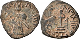 ISLAMIC, Umayyad Caliphate. temp. 'Abd al-Malik ibn Marwan, AH 65-86 / AD 685-705. Fals (Bronze, 20 mm, 2.60 g, 6 h), 'Standing Caliph' type, Halab, A...