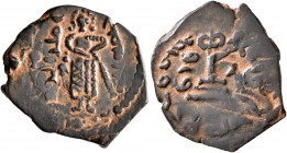 ISLAMIC, Umayyad Caliphate. temp. 'Abd al-Malik ibn Marwan, AH 65-86 / AD 685-705. Fals (Bronze, 22 mm, 3.84 g, 3 h), 'Standing Caliph' type, Manbij, ...