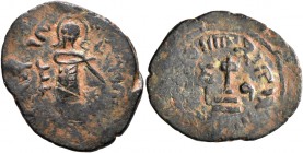 ISLAMIC, Umayyad Caliphate. temp. 'Abd al-Malik ibn Marwan, AH 65-86 / AD 685-705. Fals (Bronze, 21 mm, 2.93 g, 10 h), 'Standing Caliph' type, uncerta...