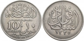 EGYPT. Sultanate. Ahmad Fu'ad, AH 1335-1340 / AD 1917-1922. 10 Piastres (Silver, 33 mm, 13.91 g, 12 h), British Occupation Issue. Heaton, 1920. KM 327...