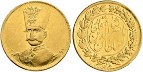 IRAN, Qajars. Nasir al-Din Shah, AH 1264-1313 / AD 1848-1896. Toman (Gold, 19 mm, 2.86 g, 7 h), Tehran, AH 1297 = AD 1897/8. KM A932. Extremely fine.