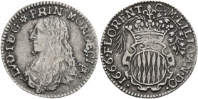 MONACO. Luigi I Grimaldi, 1662-1701. Luigino (Silver, 21 mm, 2.00 g, 7 h), 1666. LVD•I•D•G•PRIN•MONECI• Draped bust of Luigi I to left. Rev. CVM•LILIO...