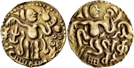 SRI LANKA (CEYLON), Native coinages. Period of the Chola Invasion. Kahavanu (Gold, 22 mm, 4.39 g, 11 h), circa 990-1070. King standing facing, head to...