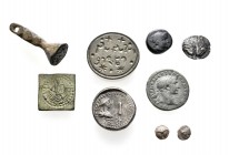 A lot containing 4 silver, 2 bronze coins and 3 bronze objects. Includes: Greek, Roman Provincial and early Medieval. Fine to about very fine. LOT SOL...