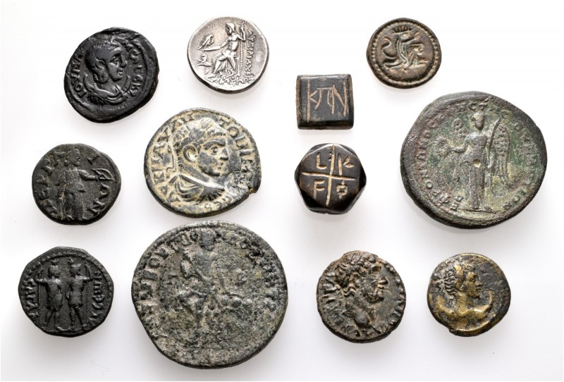 A lot containing 1 silver, 8 bronze coins, 3 bronze weights. Includes: Greek, Ro...