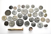 A lot containing 2 silver, 33 bronze coins and 1 bronze object. Includes: Greek, Roman Provincial, Byzantine and early Medieval. Fine to about very fi...