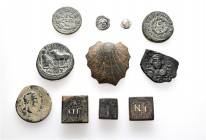 A lot containing 2 silver, 5 bronze coins and 4 bronze weights. Includes: Greek, Roman Provincial, Byzantine, Islamic. About very fine to very fine. L...