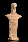 A Boeotian Terracotta figure of a Goddess
Mid 6th century BC; alt. cm 17,4 ; The solid hand-made body of plank-like form, she is standing with triang...