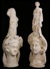 Two Canosan pottery vases
3rd century BC; alt. cm 46 e 42; A pair of funerary vases in the form of two female heads wearing diadems decorated with di...