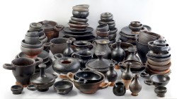 A collection of black-glazed ceramics
4th – 3rd century BC; ; A rich collection of black-glazed ceramics, some of which are miniature, probably of Ty...