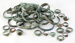 A collection of jewelry 
Mediterranean, classical times to the Middle Ages; diam. max cm 7; Group of 21 bracelets and 16 bronze and silver rings char...