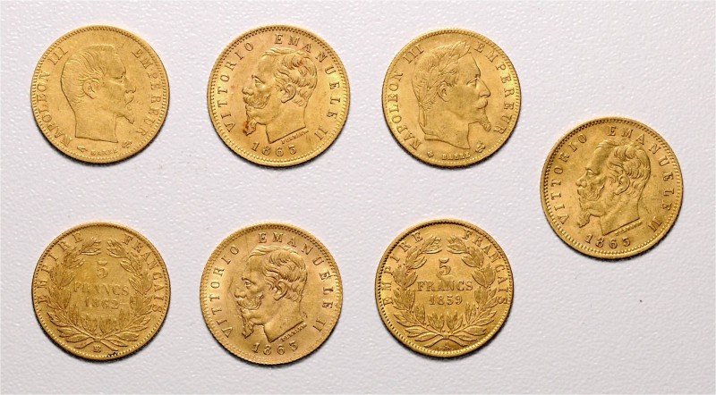 Frankreich + Italien
 LOT 7 Stück, ab 1856, 5 Francs (4x) 5 Lire (3x). ges. 11,...