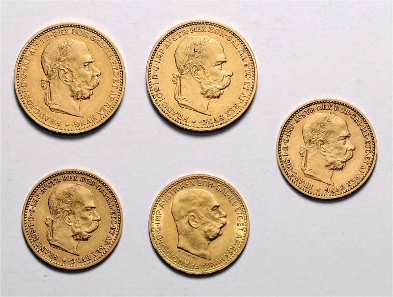 Franz Joseph I. 1848 - 1916
 LOT 5 Stück, 10 Kronen 1905 (2x), 1910,20 Kronen 1...