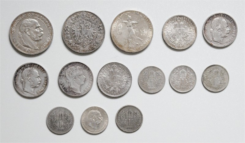 Franz Joseph I. 1848 - 1916
 LOT 14 Stück, 3x 5 Kronen, 5x 1 Gulden, 6x 1 Krone...