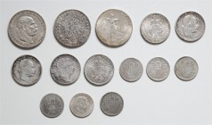 Franz Joseph I. 1848 - 1916
 LOT 14 Stück, 3x 5 Kronen, 5x 1 Gulden, 6x 1 Krone. ges. 163,00g ss - stgl