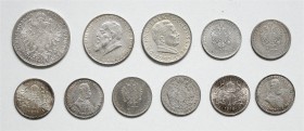 Franz Joseph I. 1848 - 1916
 LOT 11 Stück, diverse 1/4 Gulden, Vereinstaler, Kronen und 2x 2 Schilling. ges. 83,71g ss - stgl