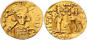 Byzanz Königreich
Constantinus IV. mit Heraclius und Tiberius 668 - 685 Gold Solidus o.J. Konstantinopel. 4,26g. Sear 1156 ss