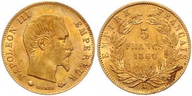 Frankreich Napoleon III. 1852 - 1870
 5 Francs 1860 A Paris. 1,62g. Gadoury 1001, Friedb. 501. f.ss/ss