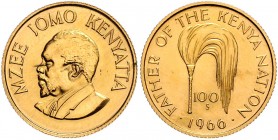 Kenia Mzee Jomo Kenyata 1952 - 1960
 100 Schillings 1966 auf den 75. Geburtstag Präsident Jomo Kenyatta. 7,78g. Friedb. 3 stgl