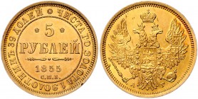 Russland Zar Alexander II. 1855 - 1881
 5 Rubel 1855 6,54g, kleiner Randfehler. Friedb. 163, Bitkin 2. vz