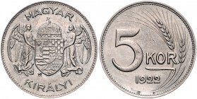 Ungarn Regentschaft des Reichsverwesers Miklós Horthy 1920 - 1944
 5 Kronen 1922 Probe in Kupfer-Nickel, Stempel von Huguenin. 4,70g. Huszar 2265 (do...