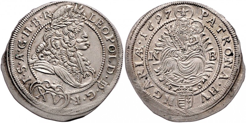 Leopold I. 1657 - 1705
 XV Kreuzer 1697 NB-PO mit HN-UNGARIAE, ohne IC-B. Nagyb...