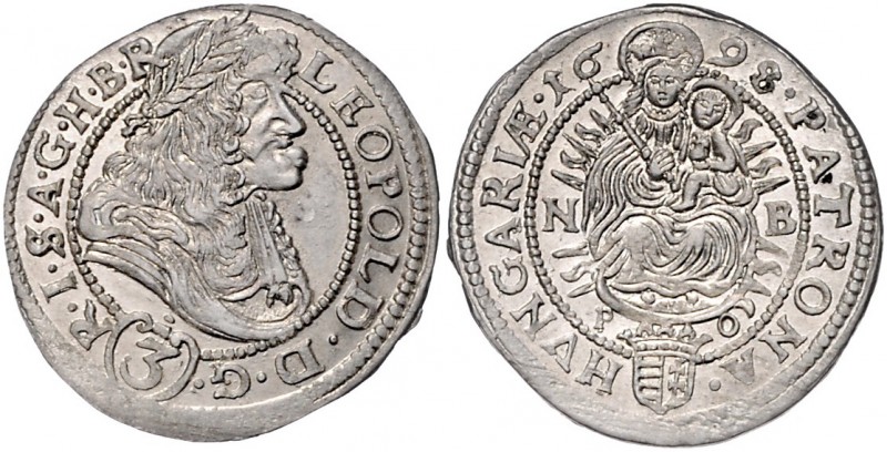 Leopold I. 1657 - 1705
 3 Kreuzer 1698 NB//P-O Nagybánya. 1,72g. Her. 1617 stgl...