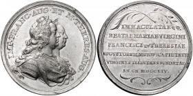 Maria Theresia 1740 - 1780
 Zinnmedaille 1754 Grundsteinlegung eines Damenstiftes in Prag, Av: gestaffelte Brustbilder des Herrscherpaares n. r. Rv: ...