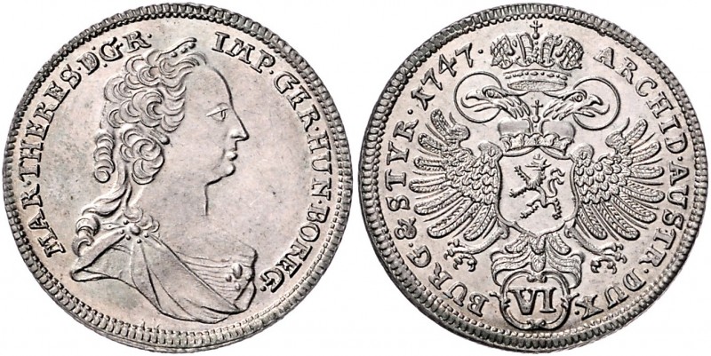 Maria Theresia 1740 - 1780
 VI Kreuzer 1747 Graz. 3,28g. Her. 1266, Eypelt. 127...