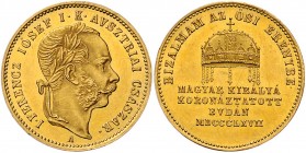 Franz Joseph I. 1848 - 1916
 Gold - Jeton zu 1 1/2 Dukaten 1867 A auf die Krönung zum ungarischen König in Budapest. Budapest. 6,12g. Fr. II. 5. a vz...