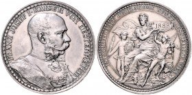 Franz Joseph I. 1848 - 1916
 Silbermedaille 1888 auf die Int. Jubiläums-Kunstausstellung in Wien. Brb. Ks. Franz Josefs I. n.r./ Weibl. Personifikati...