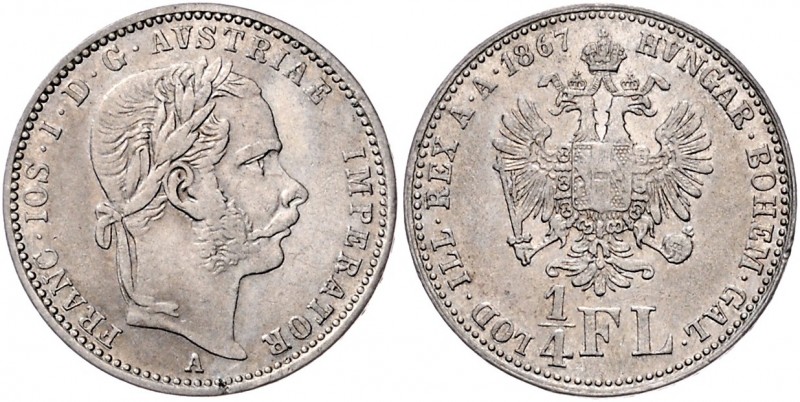 Franz Joseph I. 1848 - 1916
 1/4 Gulden / 1/4 Florin 1867 A Wien. 5,28g. Fr. 15...