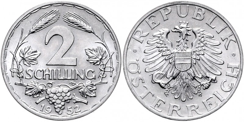 2. Republik ab 1945 - heute
 2 Schilling 1952 Wien. 2,81g. Her. 53 vz