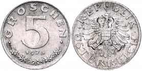 2. Republik ab 1945 - heute
 5 Groschen 1975 Metallprobe in Alu, Dm 19 mm. Wien. 0,91g. ANK --., Her.--. ex Frühwald 2012/1664 220 ohne Aufgeld ss/vz...