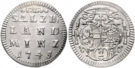 Erzbistum Salzburg Neuzeit
Jakob Ernst Graf Liechtenstein 1745 - 1747 1/2 Landbatzen 1745 Salzburg. 1,01g. HZ 2819 stgl