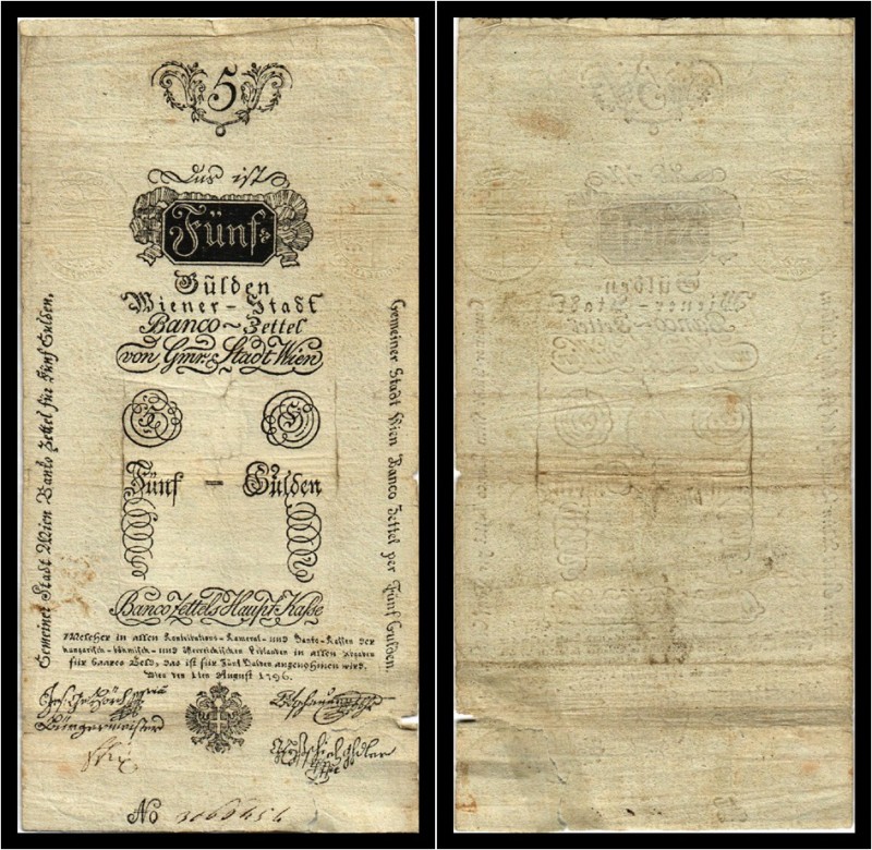 5 Gulden 1796, Ausgegebene Note, geklebte Stelle rechts unten. Kodnar/Künstner 2...