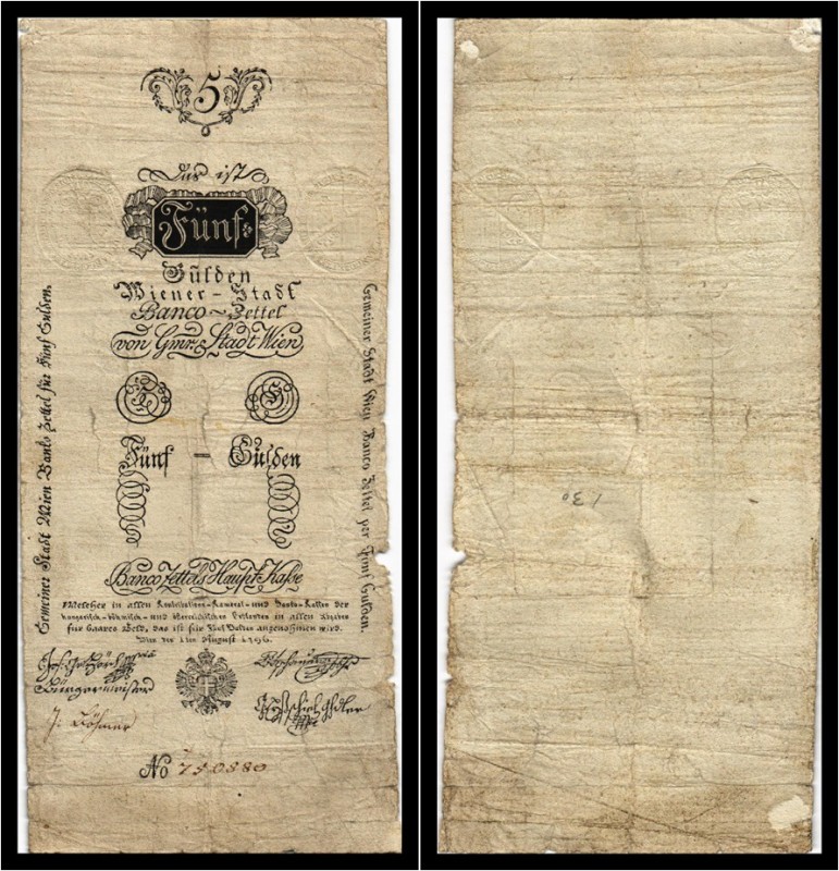 5 Gulden 1796, Ausgegebene Note. Kodnar/Künstner 23 a, Richter 23 IV