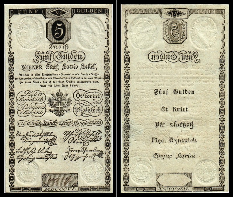 5 Gulden 1806, Ausgegebene Note. Kodnar/Künstner 41 a, Richter 39 I