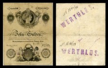 10 Gulden 1841, Ausgegebene Note, Verso mit kleinem Stempel „Echt sowie größerem Stempel „WERTHLOS (doppelt) sowie einer handschriftlichen Nummer ( No...