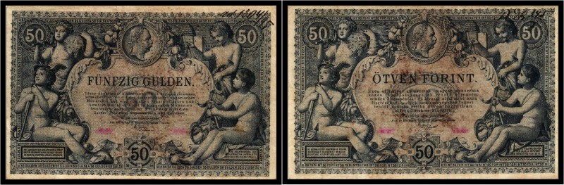 50 Gulden 1884, GELOCHT „FALSO UND MIT HANDSCHRIFTLICHER NUMMER!. Kodnar/Künstne...
